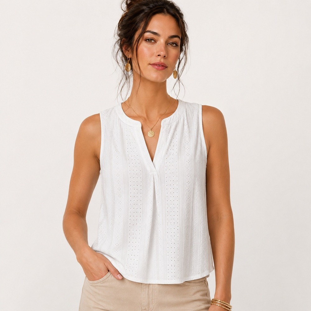 Daniel Rainn Womens Sari Eyelet Knit Top White Sleeveless Split V-Neck Large NWT
